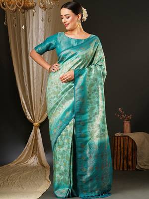 Blue blue & green ethnic motifs woven design zari kanjeevaram saree 1
