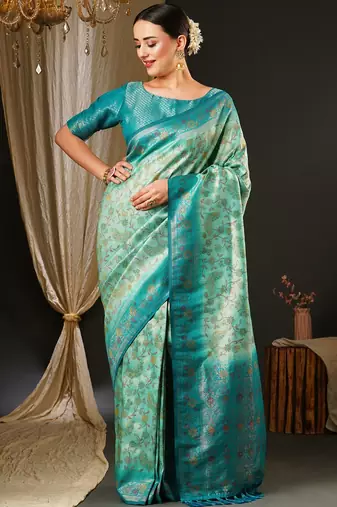Blue blue & green ethnic motifs woven design zari kanjeevaram saree