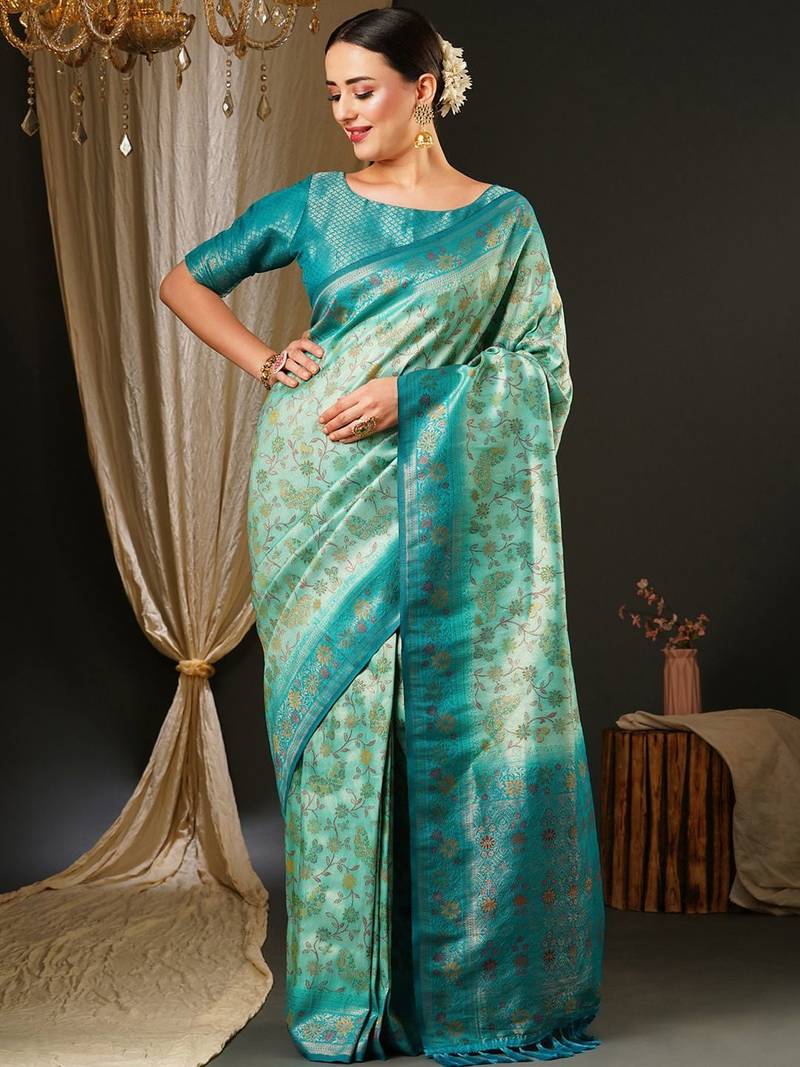 Blue blue & green ethnic motifs woven design zari kanjeevaram saree