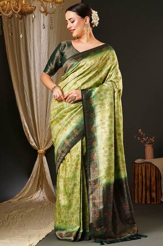 Green ethnic motifs woven design zari kanjeevaram saree
