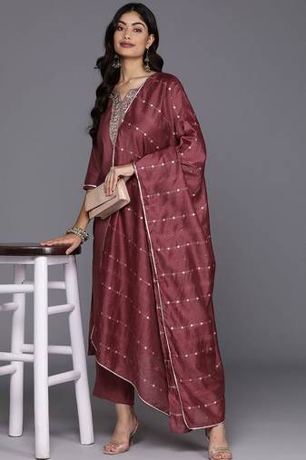 floral yoke design regular sequinned straight kurta with trousers & dupatta