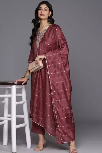 floral yoke design regular sequinned straight kurta with trousers & dupatta