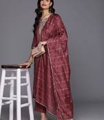 floral yoke design regular sequinned straight kurta with trousers & dupatta