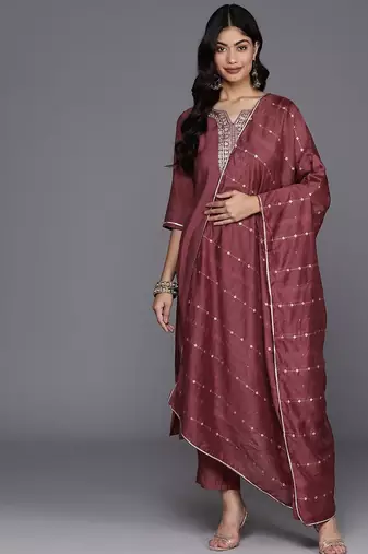 floral yoke design regular sequinned straight kurta with trousers & dupatta
