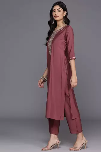 floral yoke design regular sequinned straight kurta with trousers & dupatta