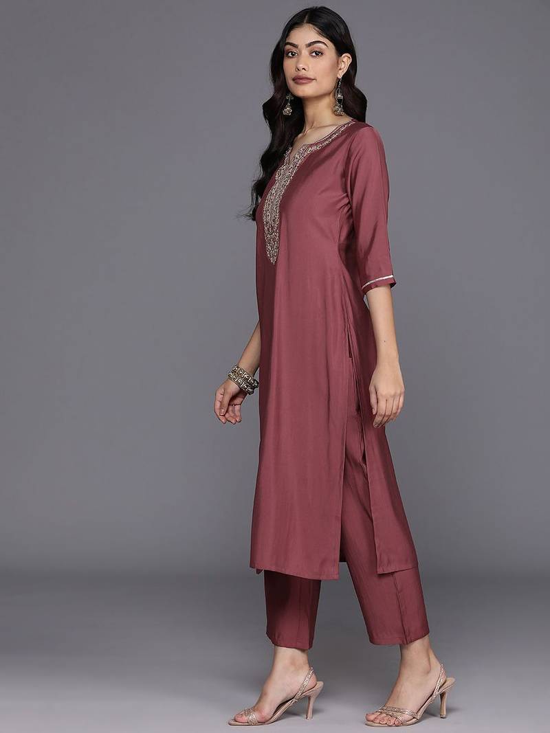 floral yoke design regular sequinned straight kurta with trousers & dupatta