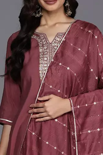 floral yoke design regular sequinned straight kurta with trousers & dupatta