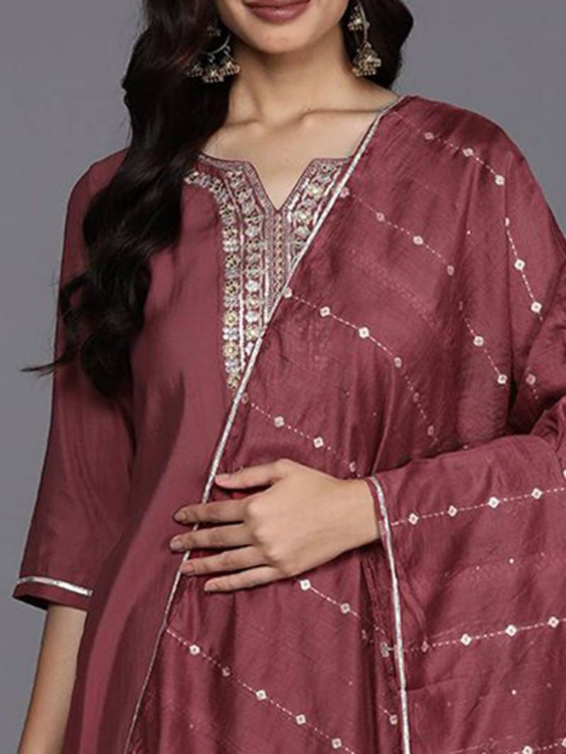 floral yoke design regular sequinned straight kurta with trousers & dupatta