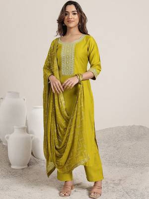 women floral yoke design kurta with trousers & dupatta 1
