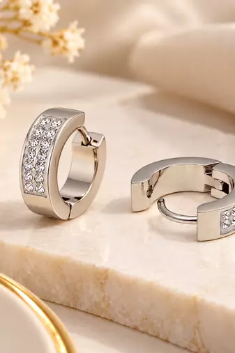 Anti-tarnish, pave crystal setting, chunky hoop design, women's jewellery, secure snap closure