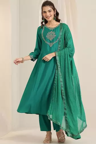 women ethnic motifs embroidered a-line kurta with trousers & dupatta