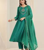 women ethnic motifs embroidered a-line kurta with trousers & dupatta