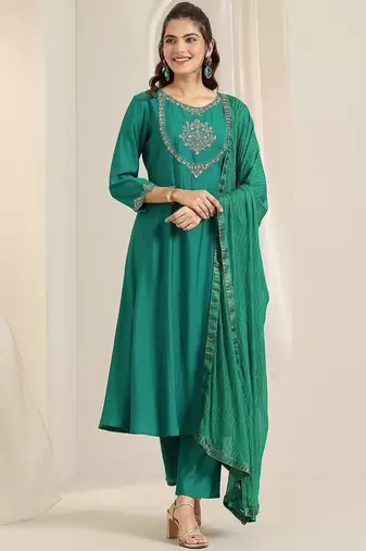 women ethnic motifs embroidered a-line kurta with trousers & dupatta