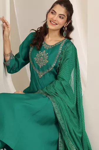 women ethnic motifs embroidered a-line kurta with trousers & dupatta