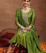 ethnic motifs yoke design sequinned straight kurta with trousers & dupatta