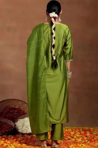 ethnic motifs yoke design sequinned straight kurta with trousers & dupatta