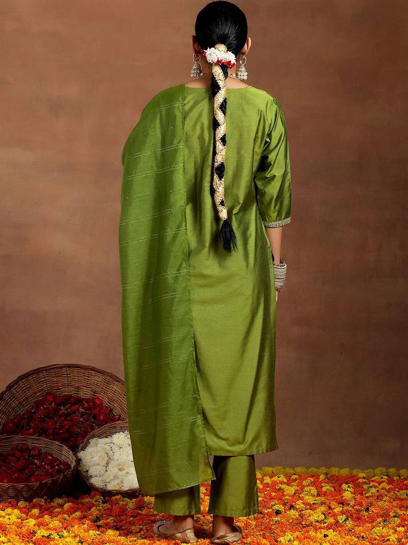 ethnic motifs yoke design sequinned straight kurta with trousers & dupatta
