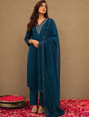 libas blue yoke design tissue straight suit set 1