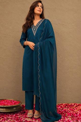 libas blue yoke design tissue straight suit set