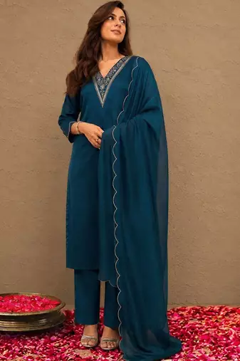 libas blue yoke design tissue straight suit set