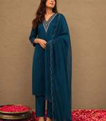 libas blue yoke design tissue straight suit set