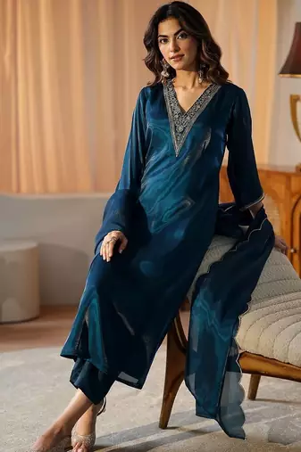 libas blue yoke design tissue straight suit set