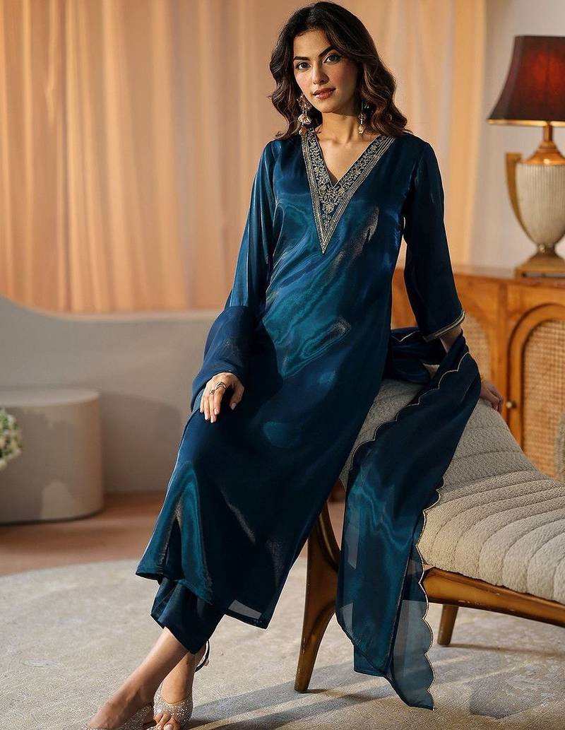 libas blue yoke design tissue straight suit set