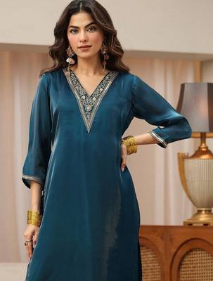 libas blue yoke design tissue straight suit set 3