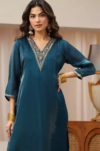 libas blue yoke design tissue straight suit set