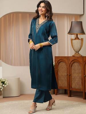 libas blue yoke design tissue straight suit set 4
