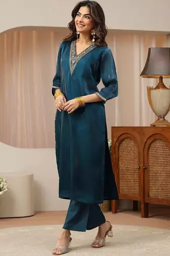 libas blue yoke design tissue straight suit set