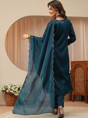 libas blue yoke design tissue straight suit set 5
