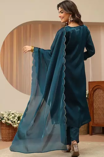 libas blue yoke design tissue straight suit set