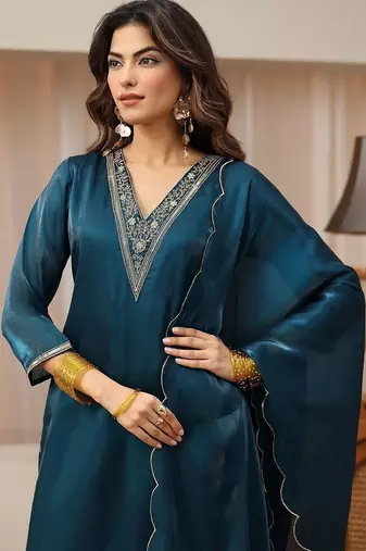 libas blue yoke design tissue straight suit set