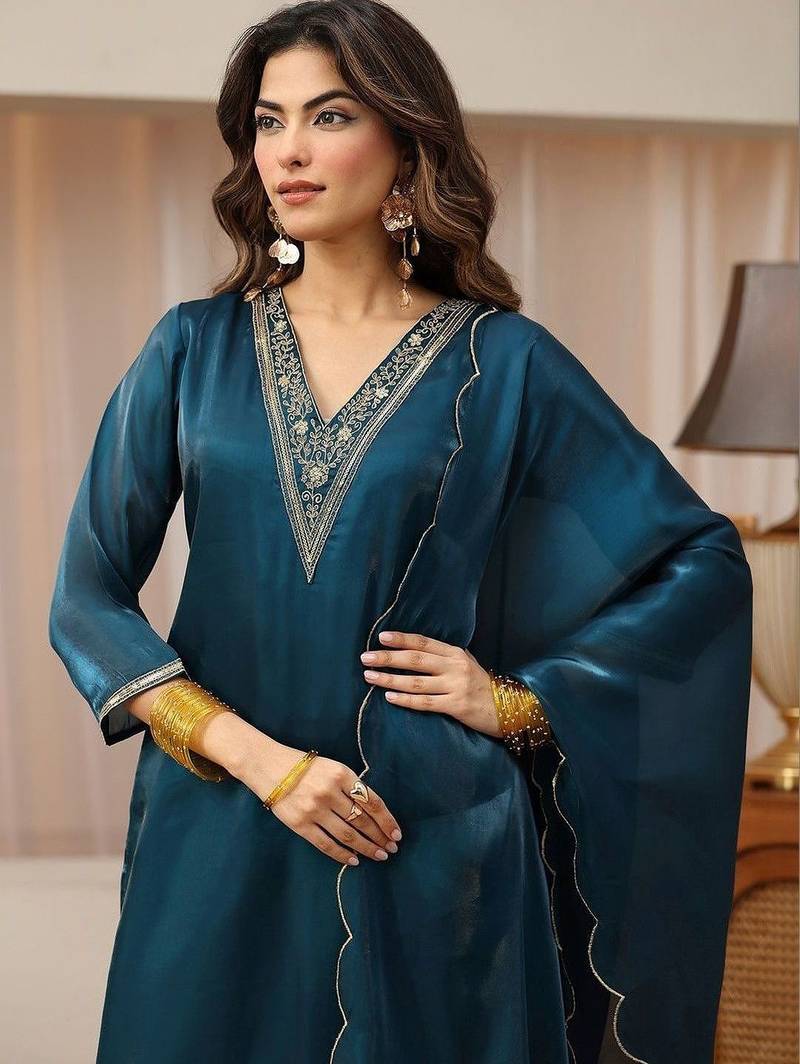 libas blue yoke design tissue straight suit set