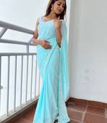 Blue floral embellished sequinned  georgette saree