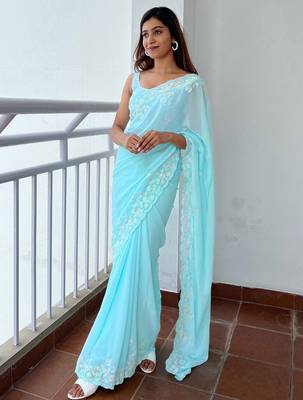 Blue floral embellished sequinned  georgette saree 2