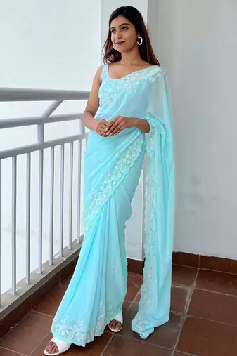 Blue floral embellished sequinned  georgette saree