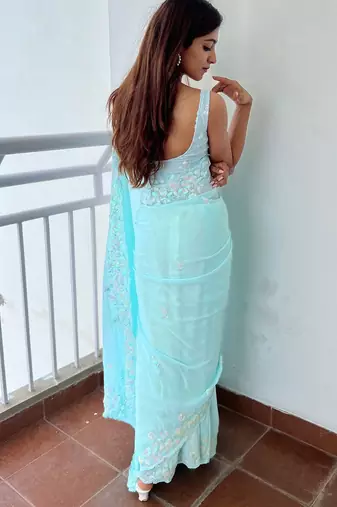 Blue floral embellished sequinned  georgette saree