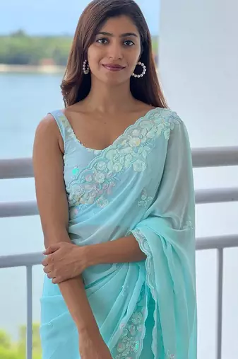 Blue floral embellished sequinned  georgette saree