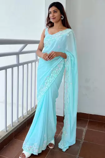 Blue blue ethnic motifs embroidered sequinned  georgette saree