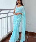 Blue blue ethnic motifs embroidered sequinned  georgette saree