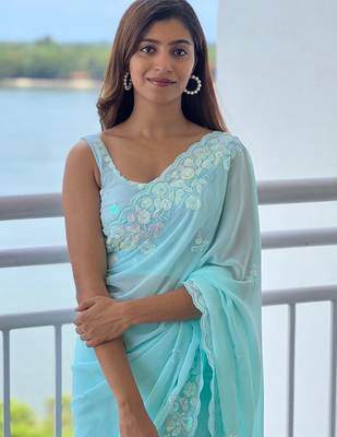 Blue blue ethnic motifs embroidered sequinned  georgette saree 4