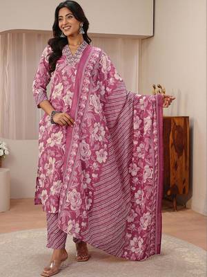 libas pink floral printed straight suit set 1