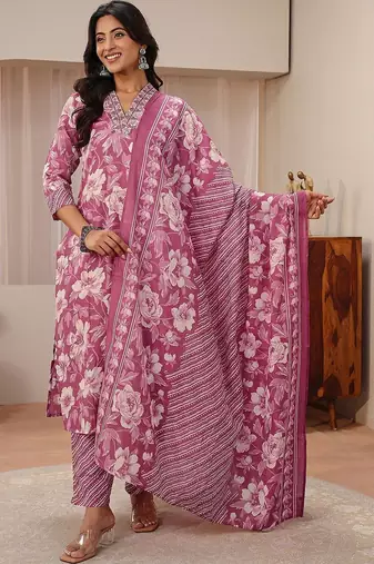 libas pink floral printed straight suit set