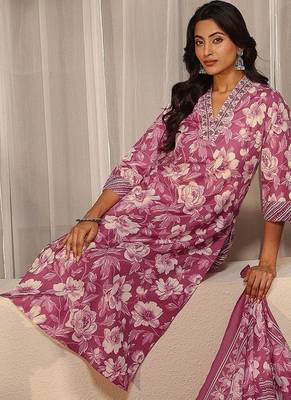 libas pink floral printed straight suit set 2