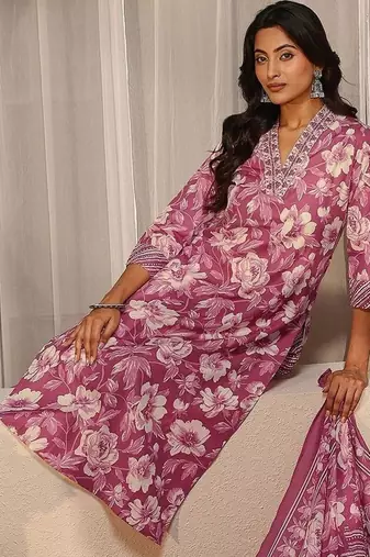 libas pink floral printed straight suit set