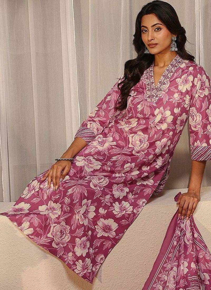 libas pink floral printed straight suit set