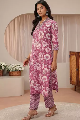 libas pink floral printed straight suit set