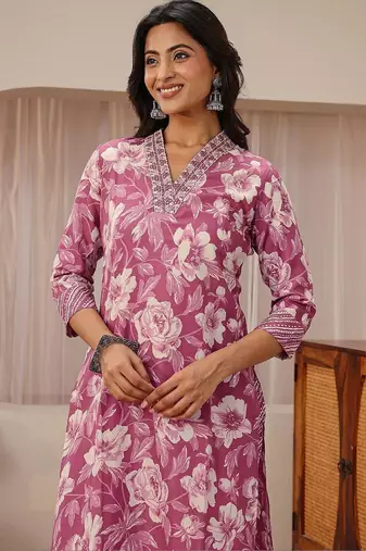 libas pink floral printed straight suit set